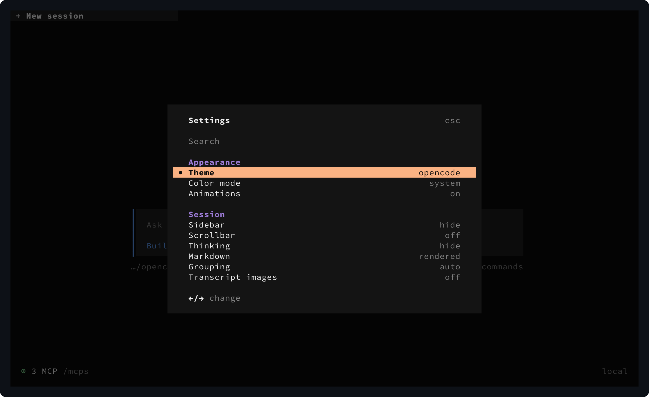 OpenCode TUI settings dialog